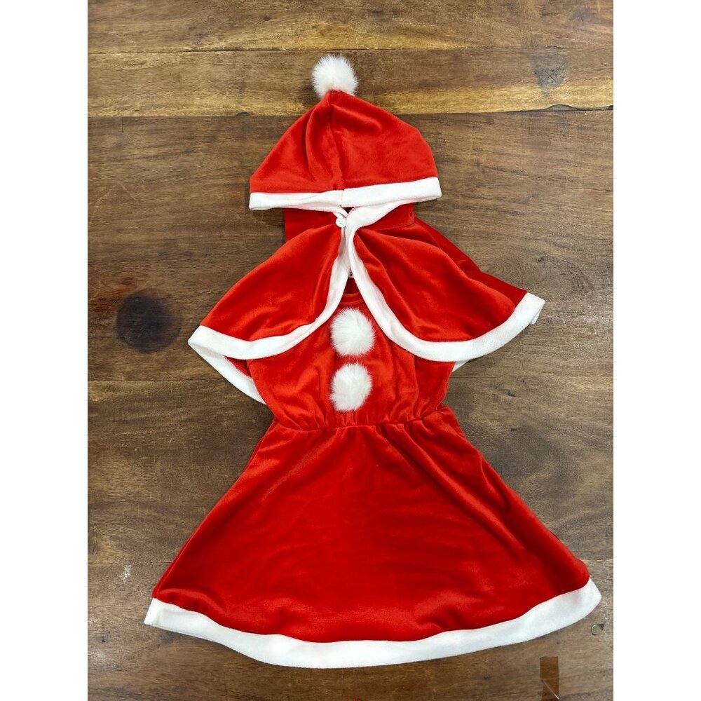Santa-Inspired Red Velvet Dress & Hooded Cape Set For Kids - 1T-3T With Pom Pom